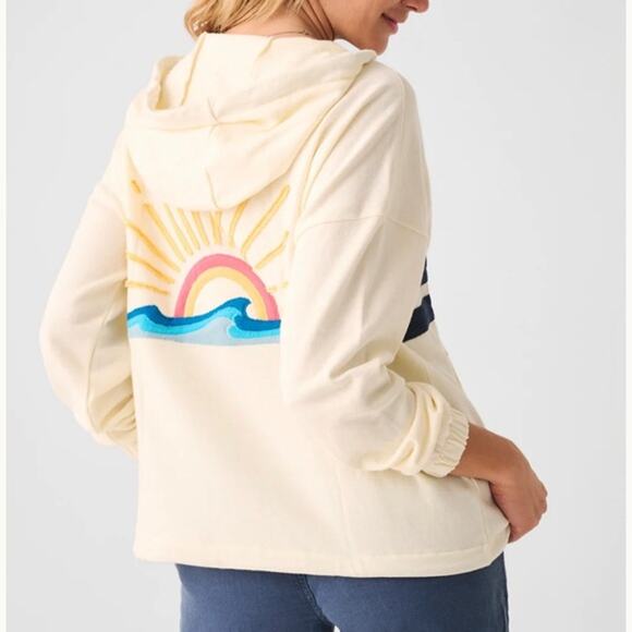 FAHERTY Daybreak Hoodie In Beach Rays Cream Size XL Drawstring Striped - Picture 1 of 5